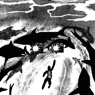 A black and white artistic illustration depicting a figure falling or floating in turbulent waters, surrounded by menacing sharks and a large orca or fish-like creature with pixelated, glitching eyes, set against a cloudy sky.