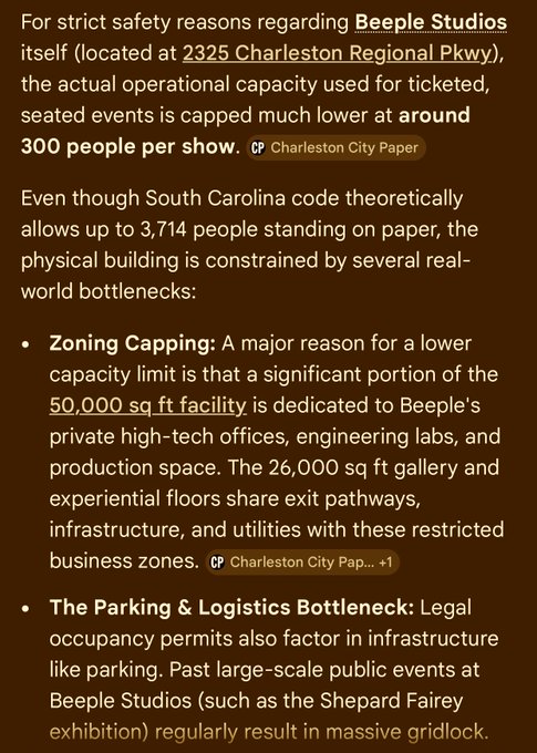 Text discussing Beeple Studios at 2325 Charleston Regional Pkwy, noting that operational capacity for ticketed events is capped at around 300 people per show due to zoning and parking constraints.