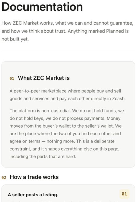 A documentation page titled 'What ZEC Market is' describing a non-custodial peer-to-peer marketplace where people trade goods and services directly using Zcash.