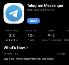 The image shows the Apple App Store listing for Telegram Messenger, highlighting version 13.0 with a 3.8 rating and "13+" age rating, updated just 1 hour ago with "bug fixes, minor improvements, and more." This supports the post's claim of a quietly released Telegram update coinciding with market panic and Pavel Durov's birthday, suggesting deliberate timing around a milestone moment.