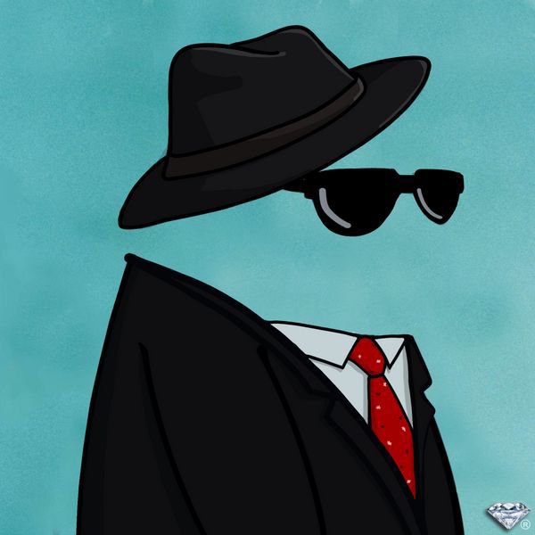 An illustration of an invisible man depicted by a floating black fedora, dark sunglasses, and a black suit with a red polka-dot tie against a teal background.