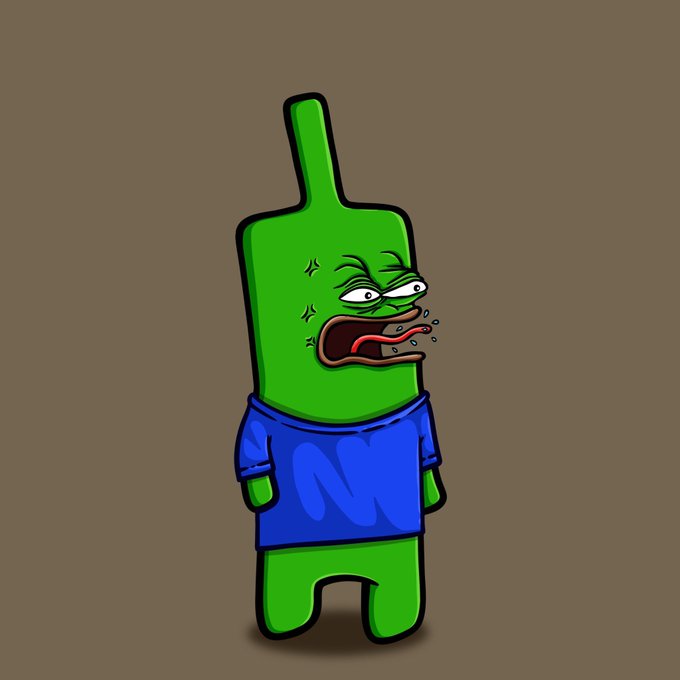 A cartoonish green character resembling a toothbrush with an expressive, drooling face wears a blue shirt with an "N" logo, set against a brown background.