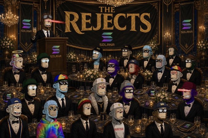 An elaborate digital artwork titled 'THE REJECTS' set in an opulent banquet hall, featuring numerous cartoon ape characters in formal attire, with 'SOLANA' logos visible on banners.