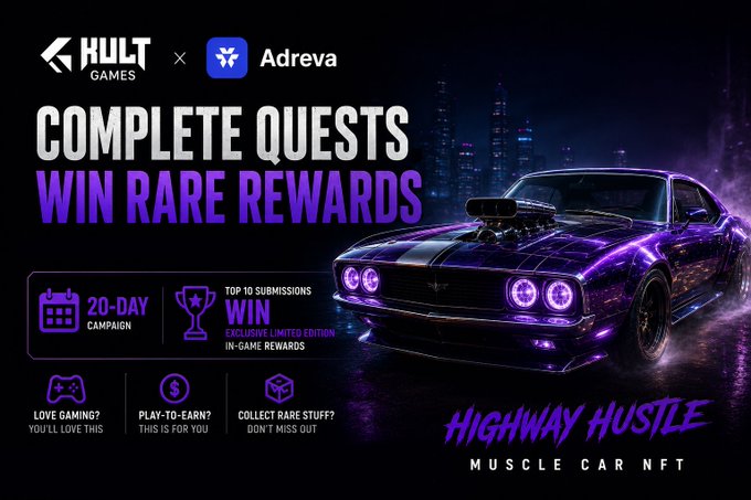 The image features a purple car with neon lights, which appears to be a muscle car. The background of the image is dark, creating an atmosphere that complements the car's color. The text displayed on the image includes information about a gaming event called "Complete Quests Win Rare Rewards" and a link to a website where gamers can participate in this challenge. The post also mentions a Muscle Car NFT, which could be related to the car featured in the image or another gaming-related item.