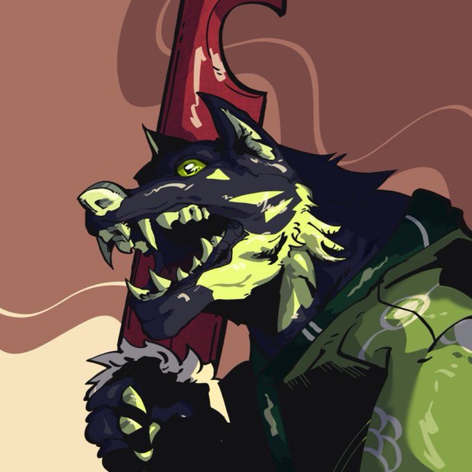 A stylized digital drawing depicts a snarling, black wolf-like creature with glowing green eyes and yellow accents, holding a large red weapon.