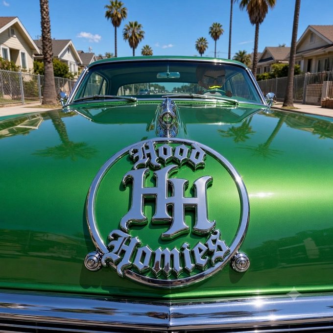 A close-up of the chrome emblem 'Hood Homiez' mounted on the green hood of a classic car, with houses and palm trees visible in the background.