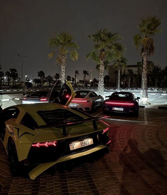 Several luxury sports cars, including a gold Lamborghini with its doors open, are parked at night near palm trees.