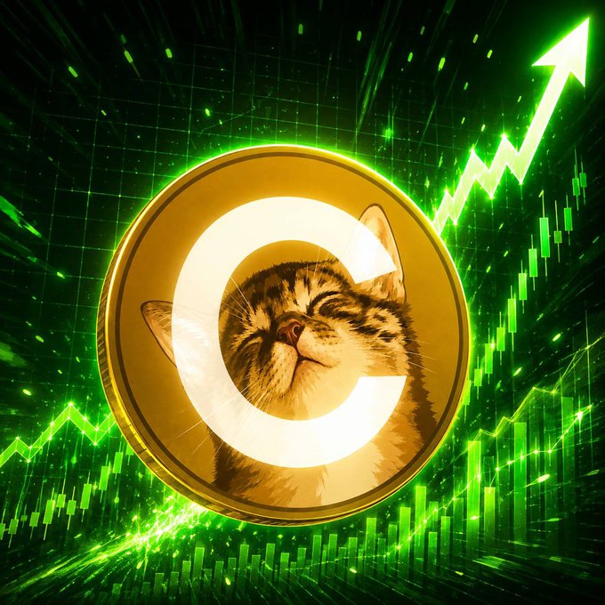 A digital illustration featuring a cat's face inside a gold coin bearing the letter 'C', set against a green background with upward-pointing arrows and candlestick chart patterns.
