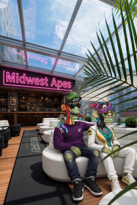 An AI-generated image of two cartoonish ape characters sitting on a white couch in a lounge with a neon 'Midwest Apes' sign in the background.