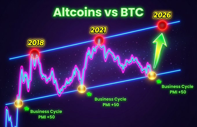 The image is a neon-styled chart titled "Altcoins vs BTC," showing a channel pattern with peaks labeled 2018, 2021, and 2026, alongside yellow markers indicating "Business Cycle PMI +50" at the lower channel points. It visually supports the post's claim about the business cycle restarting, with the upward green arrow pointing toward a projected 2026 breakout as ISM PMI signals renewed momentum.