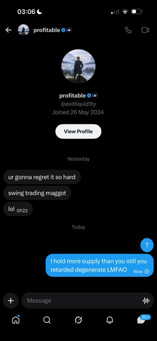 A screenshot of a Twitter/X DM exchange where the user "profitable" (@exitliquiditty) sent taunting messages calling someone a "swing trading maggot," prompting a reply boasting about holding more $JIMOTHY supply than them after making 200k.