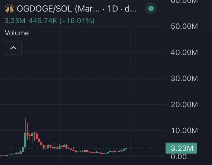 A TradingView chart shows OGDOGE/SOL with a 24-hour volume of 3.23M and price up 16.01% to 446.74K, fitting the meme reference as the "creator of the doge dog meme" — with most trading activity concentrated early on before volume declining sharply to near-zero levels.