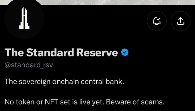 The image shows a Twitter/X profile for "The Standard Reserve" (@standard_rsv), verified with a blue checkmark, describing itself as "The sovereign onchain central bank" with a warning that no token or NFT is live yet. This relates to the accompanying post by @0xbeans sharing @standard_rsv as an "alpha" (insider tip), likely highlighting it as an emerging crypto project to follow.