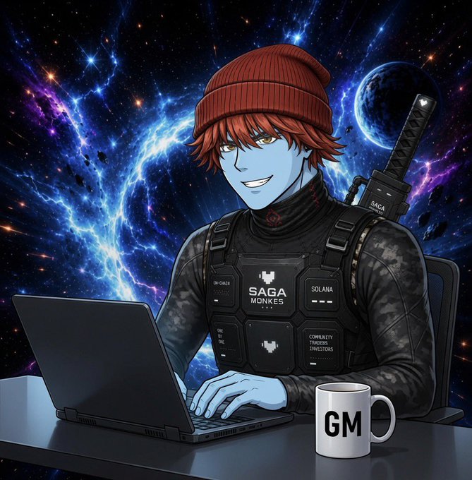 An anime-style illustration of a blue-skinned character with red hair wearing a beanie and tactical vest labeled 'SAGA MONKES' and 'SOLANA', sitting at a laptop with a 'GM' mug in a cosmic setting.