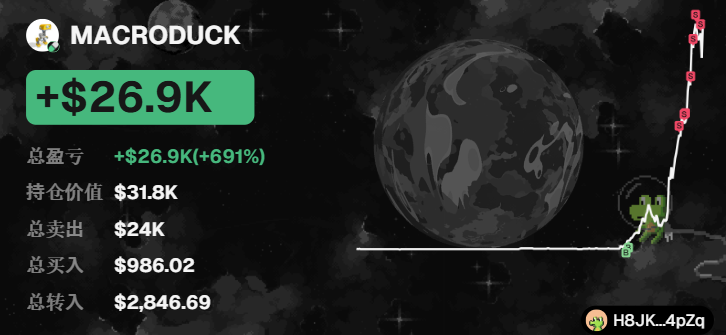 MACRODUCK crypto profit dashboard showing +$26.9K (+691%) gain, with holdings of $31.8K, total spent $24K, bought $986.02, and transferred $2,846.69, alongside a rising chart.