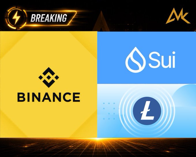 A breaking news graphic from MEXC features logos for Binance, Sui (SUI), and Litecoin (LTC), visually announcing Binance's delisting of the LTC/BNB and SUI/BNB trading pairs along with several other USDC pairs on August 21.