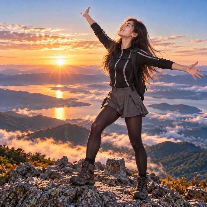 A young woman stands triumphantly on a rocky mountain peak with arms outstretched, silhouetted against a stunning sunrise over a sea of clouds.