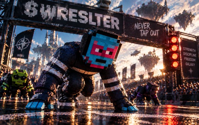 Stylized digital artwork titled '$$ WRESTLER' with the tagline 'NEVER TAP OUT' and 'STRENGTH DISCIPLINE FREEDOM GALAXY,' depicting a pixel-masked character crouched in a wrestling ring under dramatic lighting.