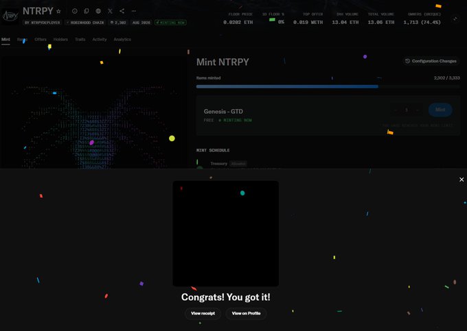 A successful mint confirmation on the NTRPY platform, displaying "Congrats! You got it!" after acquiring a "Genesis - GTD" NFT for 0.02 ETH, with 2,202 of 3,333 already minted. The interface shows the floor price at 0.0202 ETH and a total volume of 13.04 ETH, directly reflecting the post's claim of a free-to-0.02 ETH mint transaction.