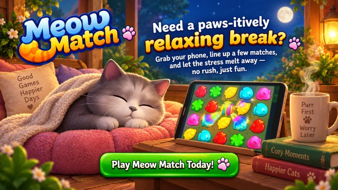 A cozy promotional banner for "Meow Match," a casual mobile game by Gala Games, featuring a sleeping kitten next to a tablet displaying a colorful puzzle match game. The ad includes the tagline "Need a paws-itively relaxing break?" alongside playful cat-themed accessories like a "Purr First, Worry Later" mug and a "Good Games Happier Days" pillow, reinforcing the game's relaxing, stress-free gaming appeal.