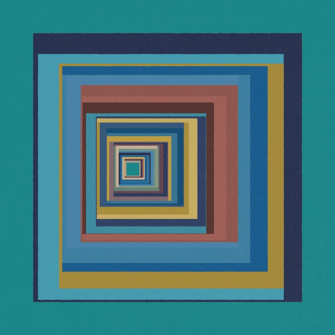 The image features a square frame with a blue border, filled with an array of colorful squares arranged in a grid-like pattern. The colors used are predominantly blue, yellow, green, pink, orange, and purple. The arrangement of these squares creates a sense of depth and complexity within the frame. The post is titled "Using the palette of Henri Matisse’s Zorah on the Terrace (1912). A hand-built geometric study exploring what remains when color is separated from image and reorganized as structure." This suggests that the artist has created an abstract piece using a geometric design, which is reminiscent of the work by the famous French impressionist painter Henri Matisse. The post also mentions Meditations in Color, which further emphasizes the connection to Matisse's style and artistic vision.