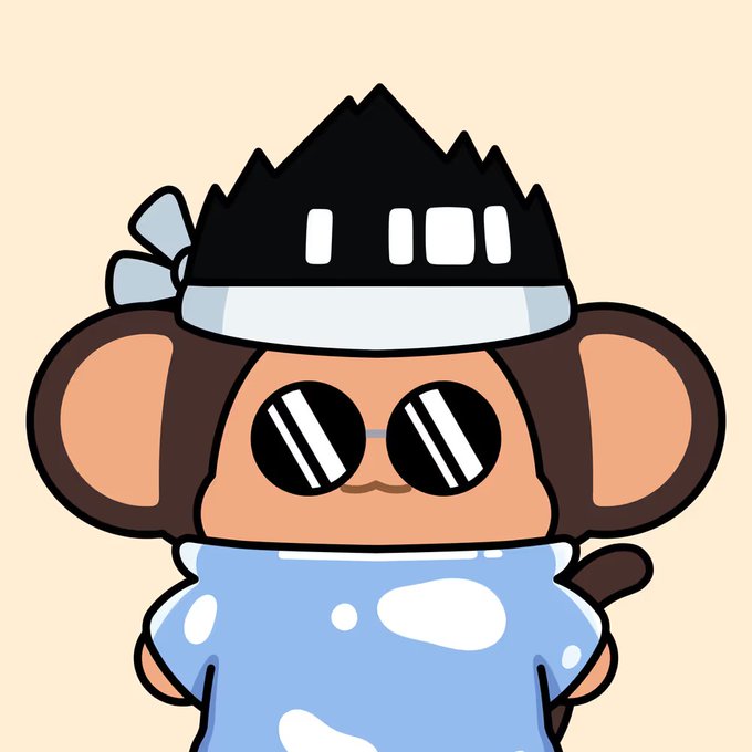 A cartoon illustration of a cute brown monkey character wearing reflective sunglasses, a blue polka-dot outfit, and a black spiked helmet/hair.