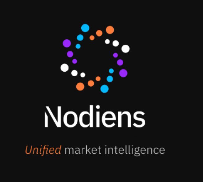 The image displays the "Nodiens" logo with the tagline "Unified market intelligence," featuring a circular arrangement of colorful dots forming a dynamic swirl. It relates to the post by presenting Nodiens as a potential solution to the challenge of filtering through overwhelming Web3 information, offering a unified intelligence platform to help users identify promising opportunities early amid the noise.