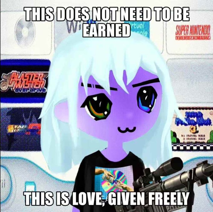 The image features a cartoon girl with blue eyes wearing a black shirt, holding a gun. The caption reads "This is love; given freely" which is related to the post about Abstract NFTs.