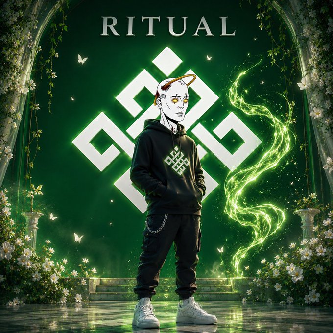 The image features a man standing in front of an archway with a green background, surrounded by flowers. The man is wearing black clothing and white sneakers. There are also butterflies present in the scene. The caption for the image reads "ready to counter every fud against ritual quote and pass it on @ritualnet @El__khalil @Jez_Cryptoz". This suggests that the man might be a fan of rituals or has experienced something similar, and he is sharing his thoughts about them with others.