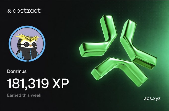 An 'abstract' app profile showing user 'Dom1nus' with an XP score of 181,319 earned this week, featuring a cartoon penguin avatar with blonde hair and sunglasses.