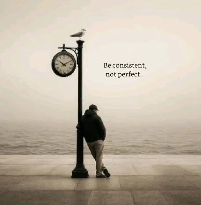 A person leans against a vintage street clock by the sea, with a seagull perched on top, while the text "Be consistent, not perfect." appears beside them — a fitting reminder that steady daily effort, like a "gm winners" check-in, outweighs chasing perfection.