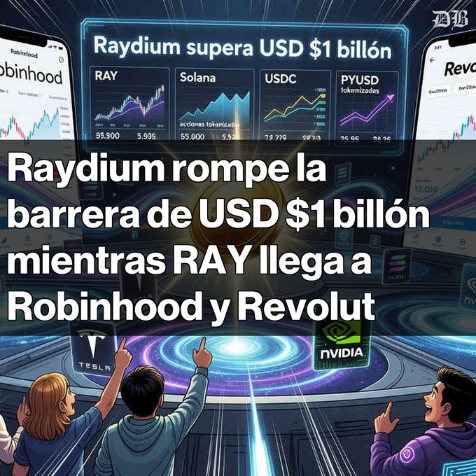 In the image, a group of people are gathered around a computer screen that displays a graphic of three cryptocurrency symbols (Raydium, Tesla, Ripple) with Bitcoin logos below them. The surrounding text indicates that Raydium is $1 billon in value, and Bitcoin tokens can be bought for that amount in volume at Robinhood or Revolut. Additionally, there are mentions of token trading and the impact of cryptocurrencies on the US dollar.