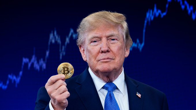 Donald Trump holds up a Bitcoin coin with a volatile market chart in the background, symbolizing the massive $550,000,000 liquidation in crypto long positions.