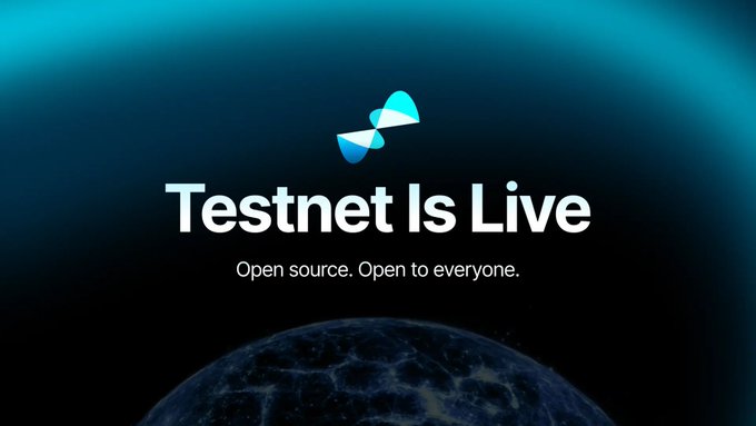 The image displays a promotional graphic for Quip Network's testnet launch, featuring the text "Testnet Is Live" and "Open source. Open to everyone." alongside a stylized logo against a cosmic backdrop with a network-patterned globe. It visually announces the live testnet mentioned in the post, reinforcing Quip's commitment to accessible, decentralized quantum compute infrastructure for Web3.