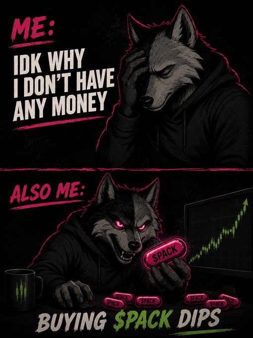 A two-panel meme featuring a wolf character: the top panel says 'ME: IDK WHY I DON'T HAVE ANY MONEY' while the bottom shows the wolf excitedly buying '$PACK DIPS' as the chart goes up.