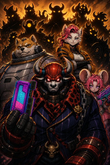 A formidable squad of anthropomorphic warriors—a scarred Shiba Inu astronaut, a horned minotaur gunslinger in a pinstripe suit holding a glowing purple pistol, a pink-haired cat-woman sniper, and a small pink-haired rodent companion with a futuristic rifle—stand together against a backdrop of menacing horned demons in a fiery abyss, embodying the post's call to assemble a legendary team and confront the dark matrix in Sipheria's deepest dungeons.