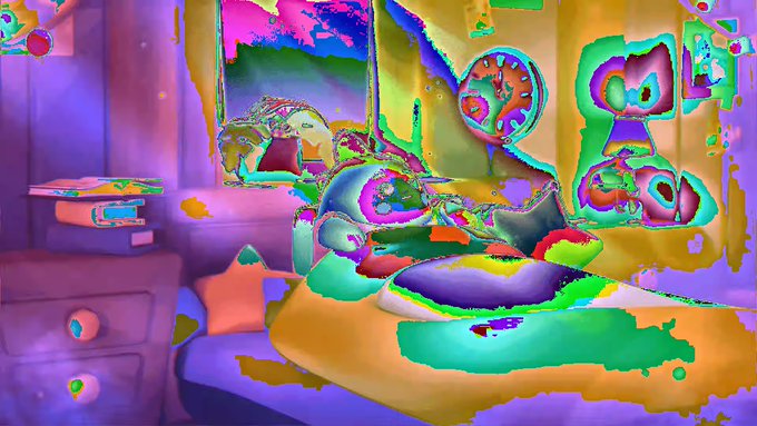 A heavily distorted, color-shifted image depicting what appears to be a room interior with furniture and objects in vibrant, unnatural hues of purple, yellow, and green.