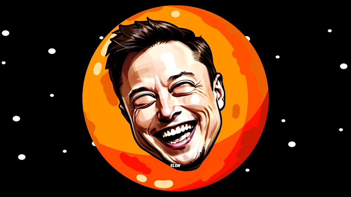 The image features a cartoon depiction of an adult male with brown hair, wearing glasses, smiling broadly while looking at the camera. The man's face is outlined by a large orange circle, which serves as his head. The background consists of black dots scattered across the image, creating a sense of depth and dimension to the scene. The caption "Elon Mars Elon Mars Elon Mars Elon Mars" suggests that this illustration might be related to or inspired by the character "Elon Musk", who is known for his work in space exploration and technology.
