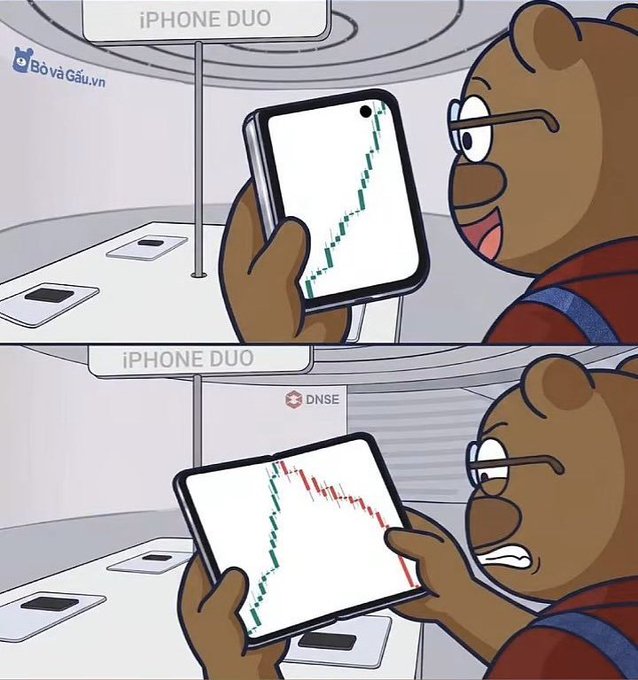The image is a two-panel meme featuring a bear character at an "iPhone Duo" store: in the top panel, the bear happily looks at a vertically-oriented phone displaying a steadily rising green chart (watermarked "BovaGau.vn"), while in the bottom panel (watermarked "DNSE"), the bear grimaces as the same chart is now horizontal and shows a sharp decline with red candles, humorously illustrating how the "iPhone Duo" strategy in crypto quickly turns from bullish gains to painful losses.