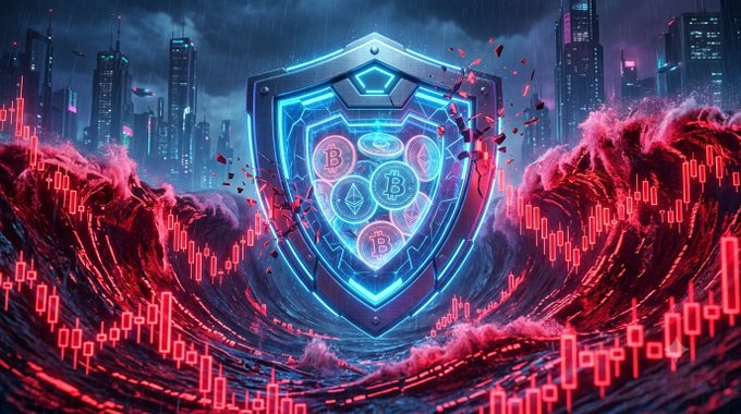 A digital illustration of a glowing blue shield protecting cryptocurrency coins (Ethereum and Bitcoin) against red candlestick chart waves crashing like a stormy sea beneath a cyberpunk city skyline.