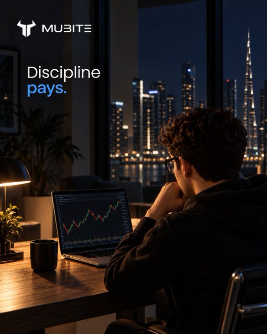 A Mubite promotional image reading 'Discipline pays.' showing a person looking at a trading chart on a laptop with a city skyline at night in the background.