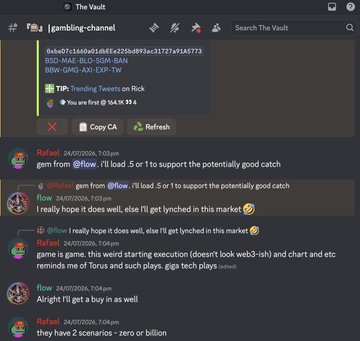 A Discord chat interface called 'The Vault | #gambling-channel' showing a message from user 'gambling-bot' with betting tips for 'BSO-MAE-BLO-SGM-BAN' and 'BBN-GMG-AXI-EXP-TW' (Trending Tweets on Rick), followed by user conversations.