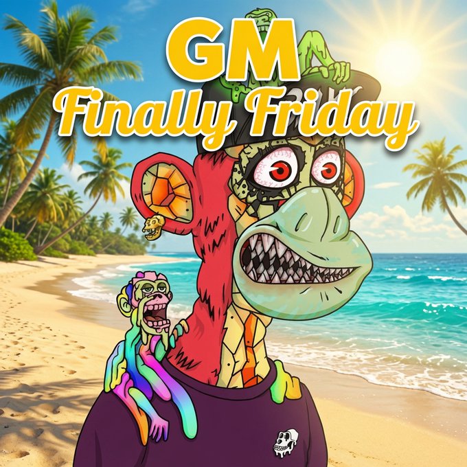 A colorful cartoon-style graphic featuring zombie monkeys on a tropical beach with the text 'GM Finally Friday' displayed prominently.