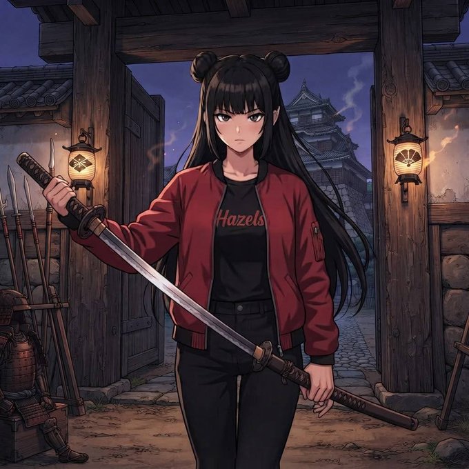 An anime-style illustration of a young woman with long black hair in double buns, wearing a red jacket and black shirt with 'Hazels' written on it, holding a katana sword in front of a traditional Japanese-style gateway with samurai armor and weapons displayed nearby.