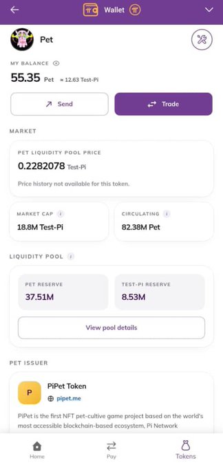 The image shows a Pi Wallet screen displaying a "Pet" token with a balance of 55.35 Pet (≈12.63 Test-Pi), a liquidity pool price of 0.2282078 Test-Pi, market cap of 18.8M Test-Pi, and 82.38M circulating tokens. This showcases the new wallet interface being teased ahead of the Pi Network mainnet launch, highlighting how tokens like Pet will be traded on-chain.