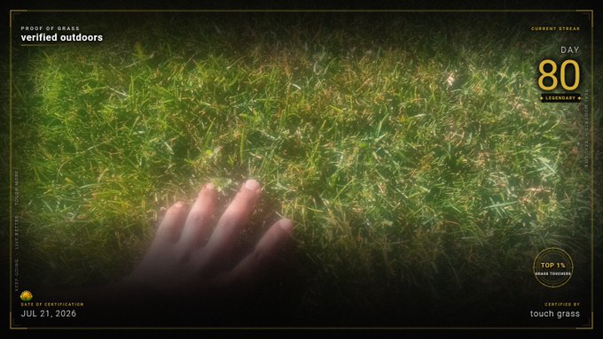 A 'Proof of Grass' certificate from touch grass dated JUL 21, 2026, showing Day 80 of 'verified outdoors' streaming with a hand touching grass and a 'TOP 1% Grass Touchers' badge.