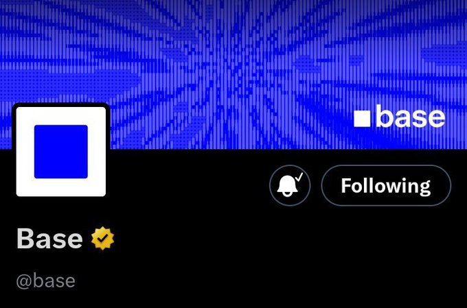 The image shows the Twitter/X profile header for "Base" (@base), featuring their logo with the word "base" in white text on a blue background. The profile displays a yellow verified checkmark and a "Following" button, aligning with the post about supporting @base.