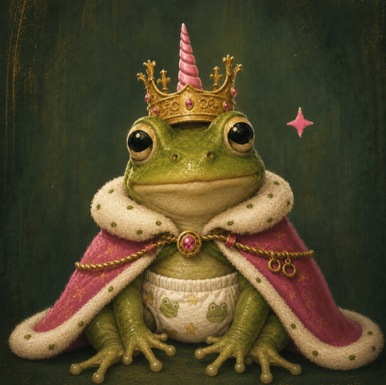 A whimsical illustration of a green frog wearing a crown, a pink royal cape with gold trim, and a diaper with frog patterns, set against a dark green background.