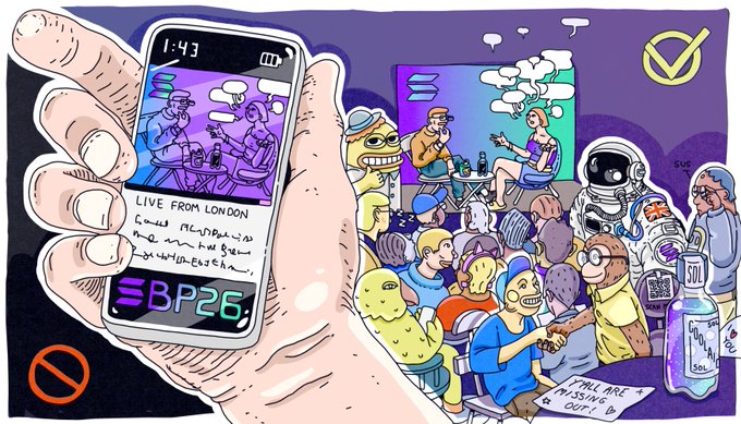 A colorful illustration depicts a large hand holding a smartphone showing a 'LIVE FROM LONDON' feed of two people, with 'SBP26' on the screen, while a crowd of cartoon characters including an astronaut and people with social media-themed heads gather in the background alongside alcohol bottles labeled 'SOC' and 'Good 50L'.