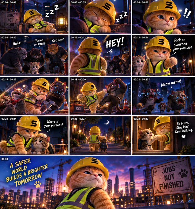 A comic strip storyboard featuring a kitten in a yellow hard hat and safety vest at a construction site, with dialogue including 'Haha!', 'You're so small!', 'Get lost!', 'HEY!', 'Pick on someone your own size.', 'Meow meow!', 'Where is your parents?', 'Be brave. Stay kind. Keep building.', and a concluding message 'A SAFER WORLD BUILDS A BRIGHTER TOMORROW'.